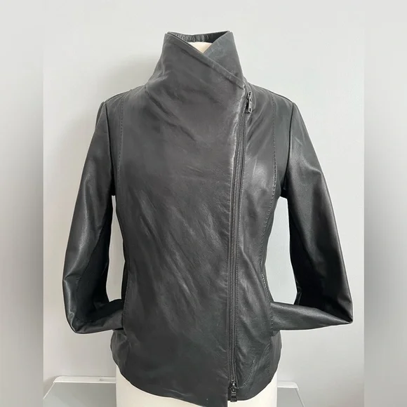 Vince Scuba Leather & Stretch Wool Panel Black Motto Jacket Womens L 8 - Picture 1 of 17